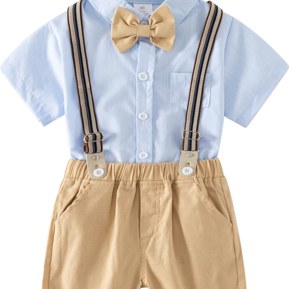 Kids Striped Shirt Matching Set With Shorts, Suspenders, And Tie - NWT